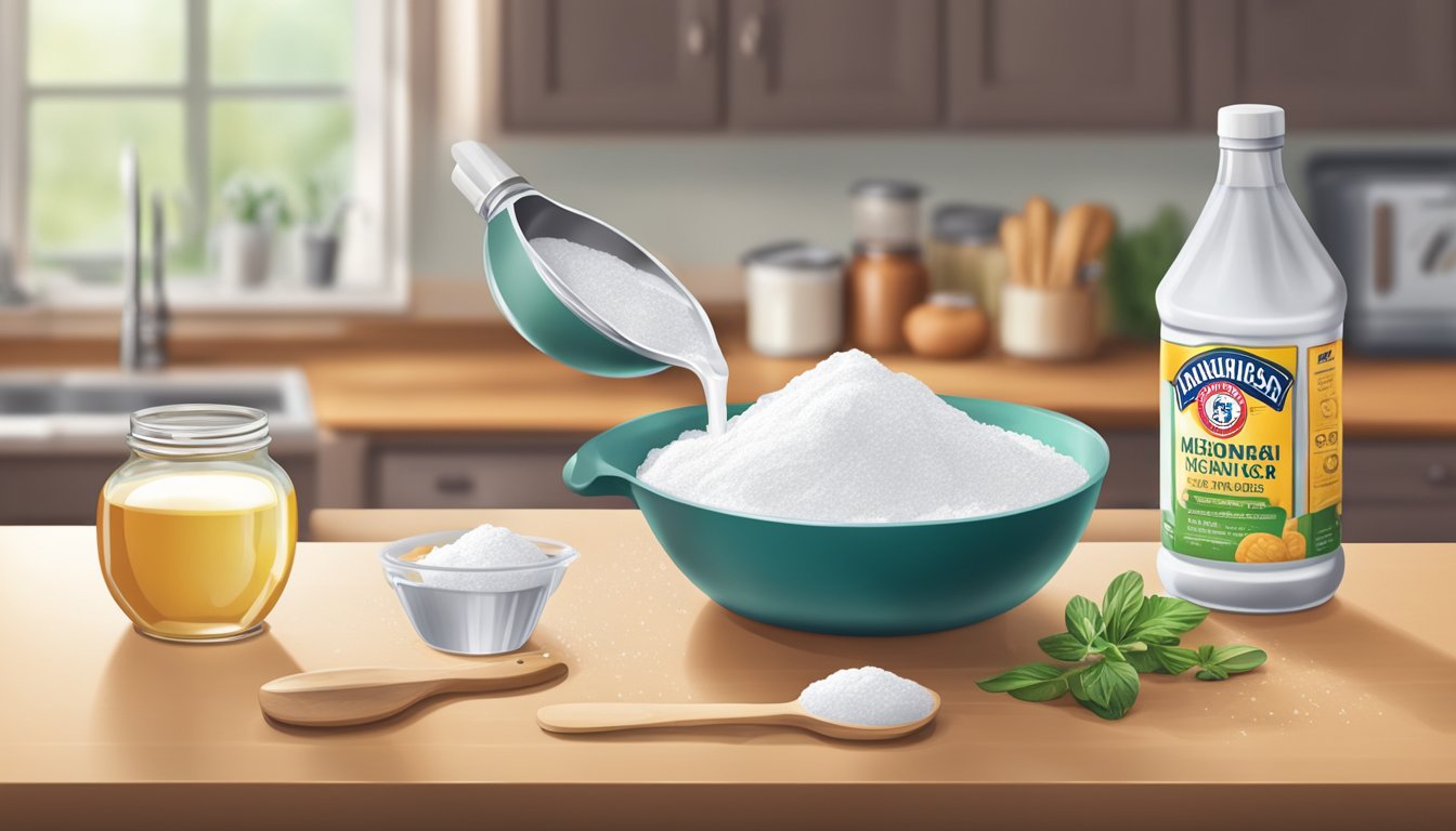 A measuring spoon pours vinegar into a mixing bowl, while a box of baking soda sits nearby on the kitchen counter