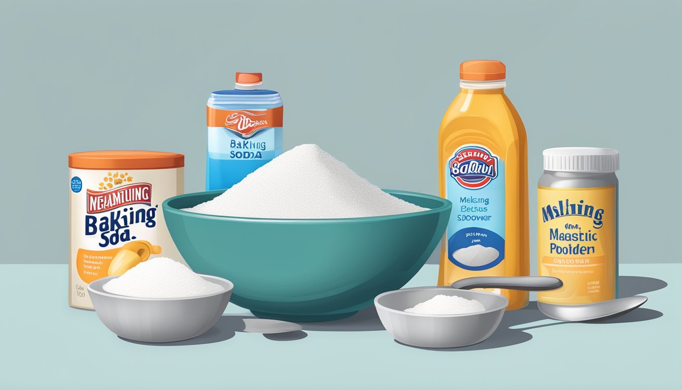 A mixing bowl with ingredients, a measuring spoon, and a box of baking powder next to a box of baking soda