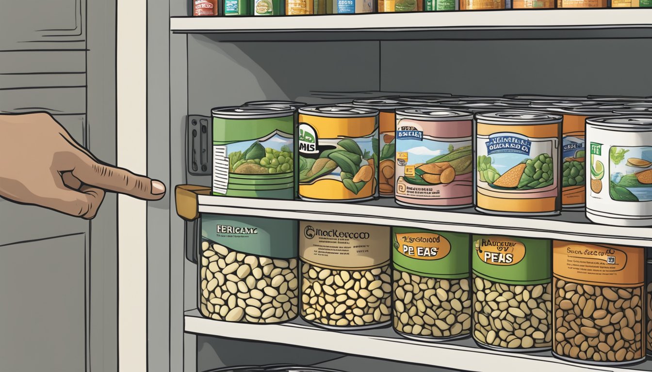 A hand reaching for a can of black-eyed peas on a pantry shelf, with a can of lima beans next to it