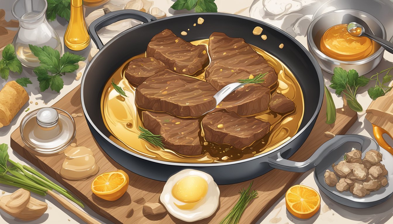 A sizzling pan with beef tallow melting into golden liquid, surrounded by various cooking utensils and ingredients