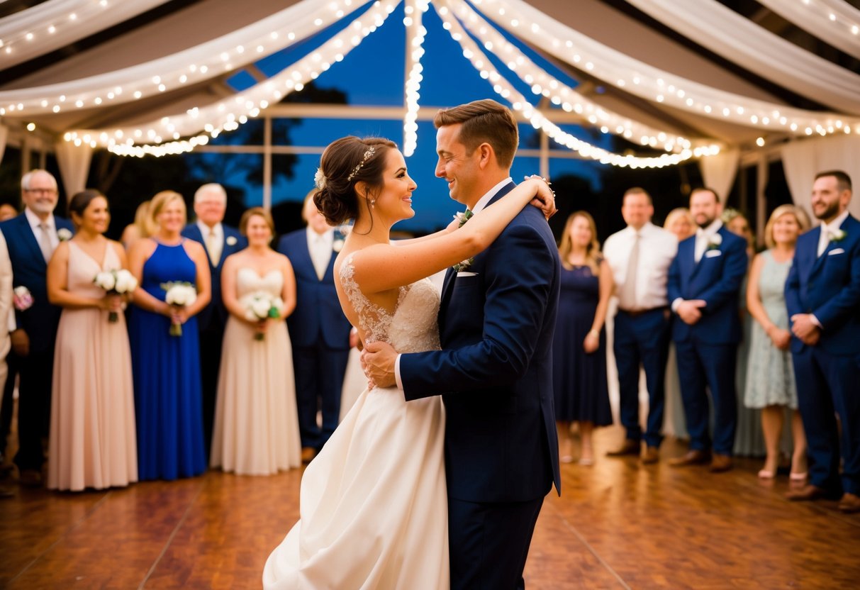 A bride and groom slow dance under twinkling lights, surrounded by friends and family, as a romantic song fills the air