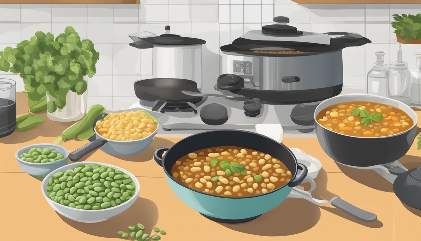 A bowl of black eyed peas being added to a simmering pot of vegetable soup, alongside a bowl of lima beans on a kitchen counter