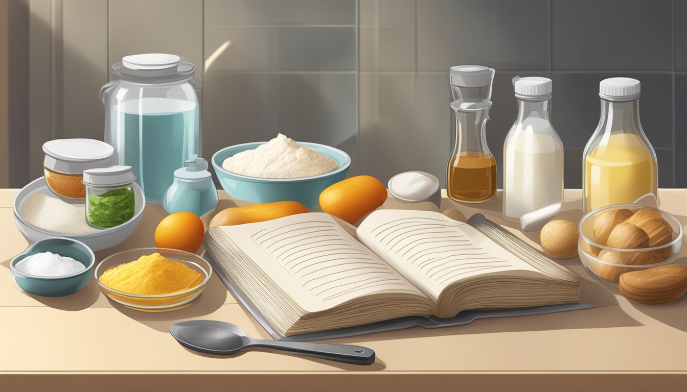 A kitchen counter with various ingredients and utensils, including baking soda, cream of tartar, and vinegar. A recipe book open to a page on leavening substitutes