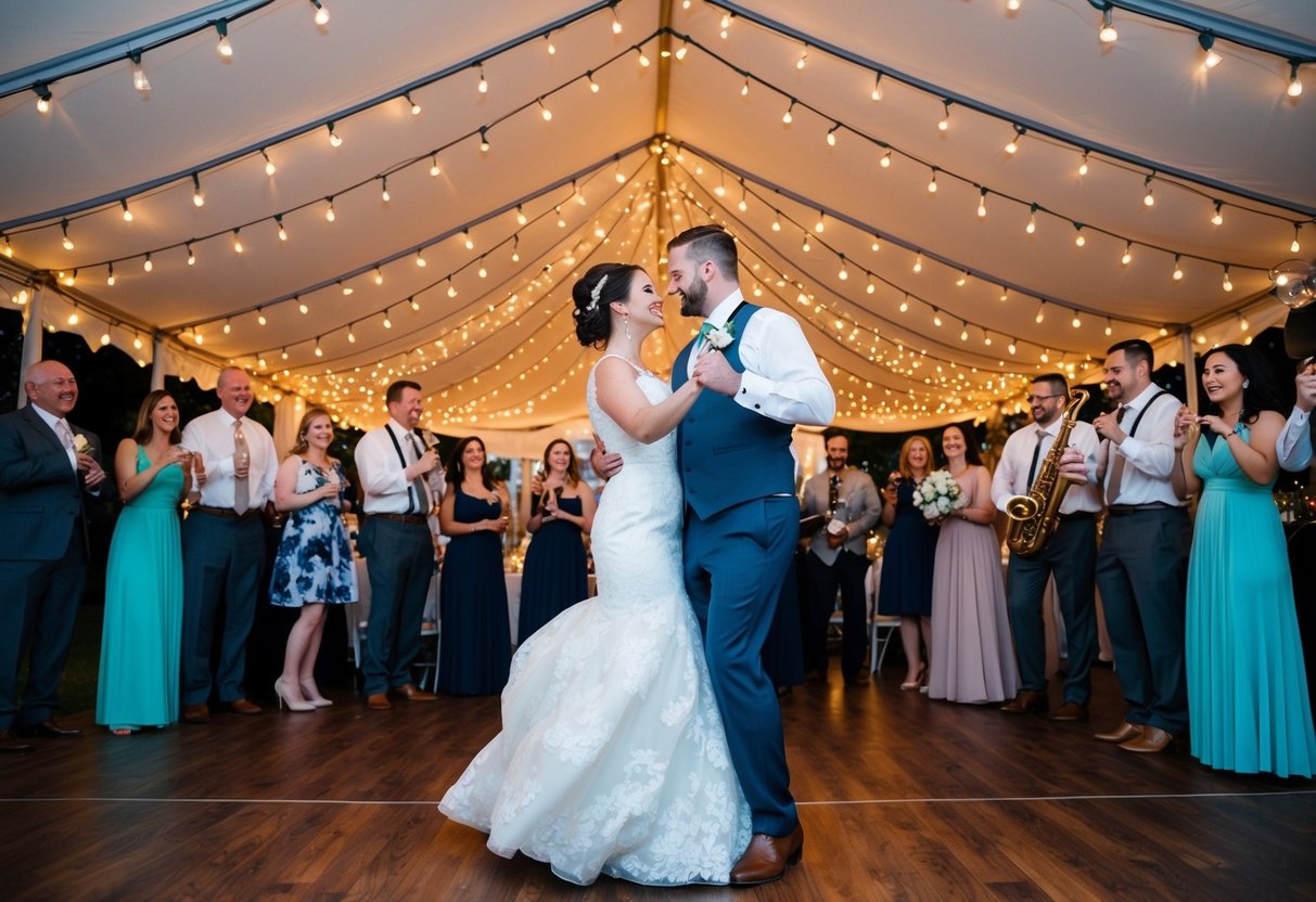 A bride and groom dancing under a canopy of twinkling lights, surrounded by friends and family, with a live band playing a romantic song