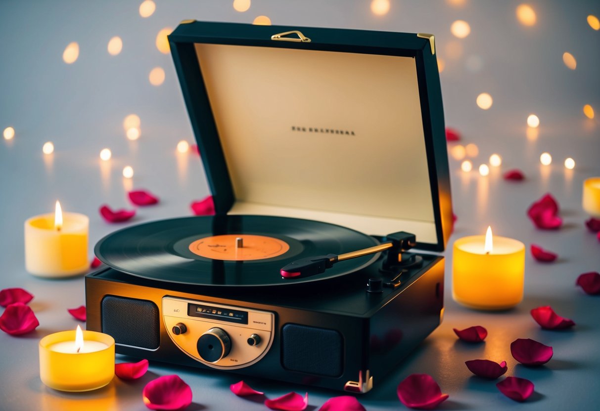 A vintage record player with a spinning vinyl, surrounded by scattered rose petals and flickering candlelight