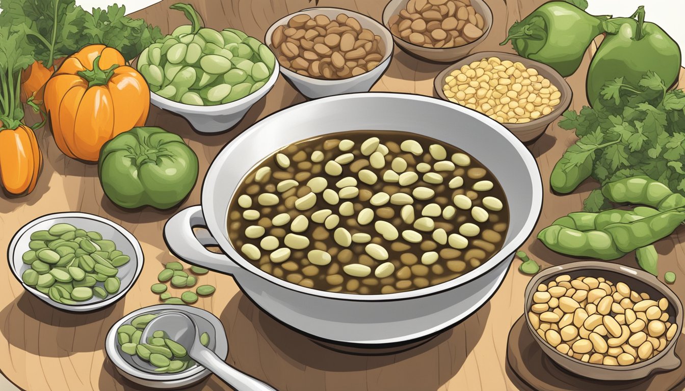 A bowl of black eyed peas being added to a pot of simmering vegetable broth, alongside a pile of fresh lima beans