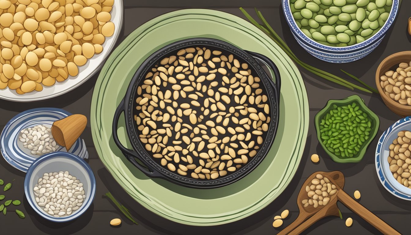 A table set with a bowl of black-eyed peas next to a plate of lima beans, surrounded by cultural symbols and traditional cooking utensils