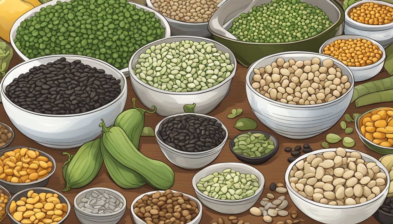 A bowl of black eyed peas replacing lima beans in a recipe, surrounded by various legumes and a measuring cup