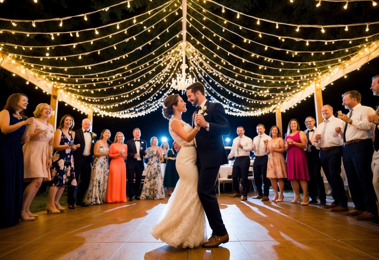 A couple dancing under a canopy of twinkling lights, surrounded by a circle of friends and family, lost in the romantic melody of a timeless love song