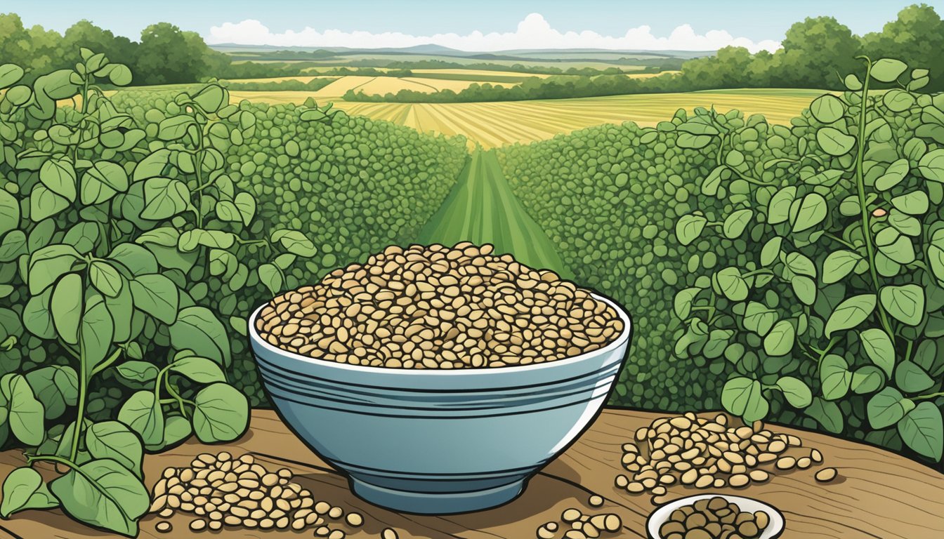 A lush field of legumes with vibrant green leaves and pods, showcasing the environmental impact of growing legumes. A bowl of black-eyed peas sits next to a plate of lima beans, illustrating their use as a substitute