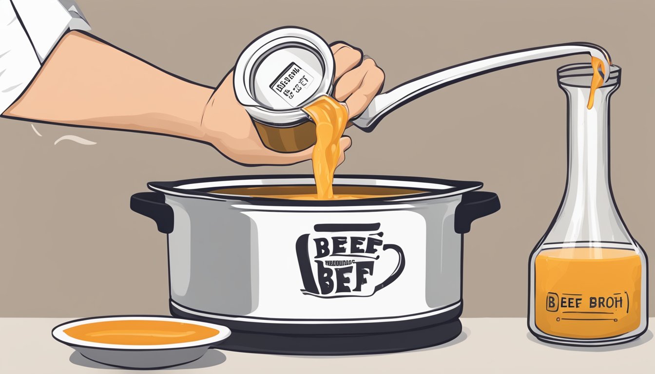 A pot of simmering liquid with a label "beef stock" being poured into a measuring cup labeled "beef broth." A chef's hand holds the pot while pouring