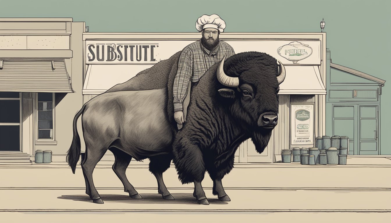 A bison and beef standing side by side with a chef's hat on the bison's head, and a sign reading "substitute" between them