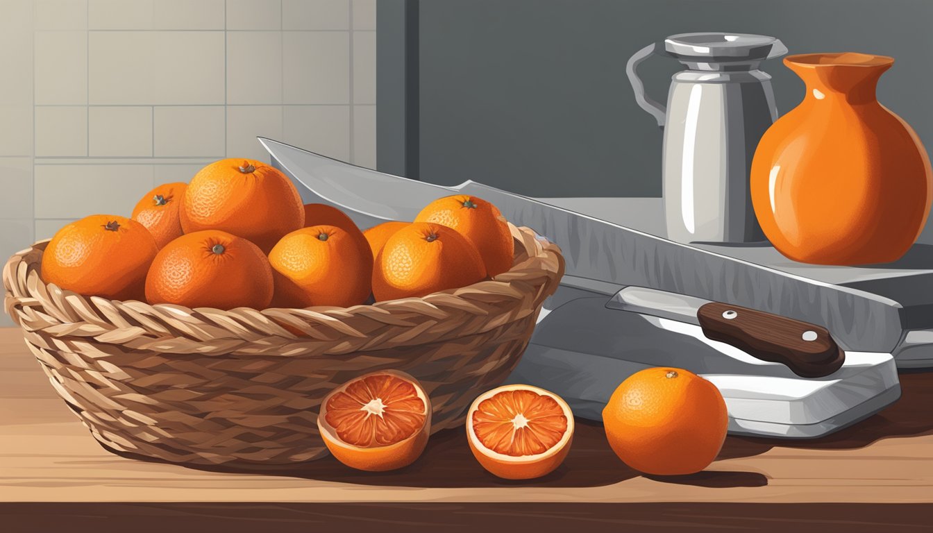 A bowl of blood oranges next to a basket of regular oranges, with a chef's knife and cutting board