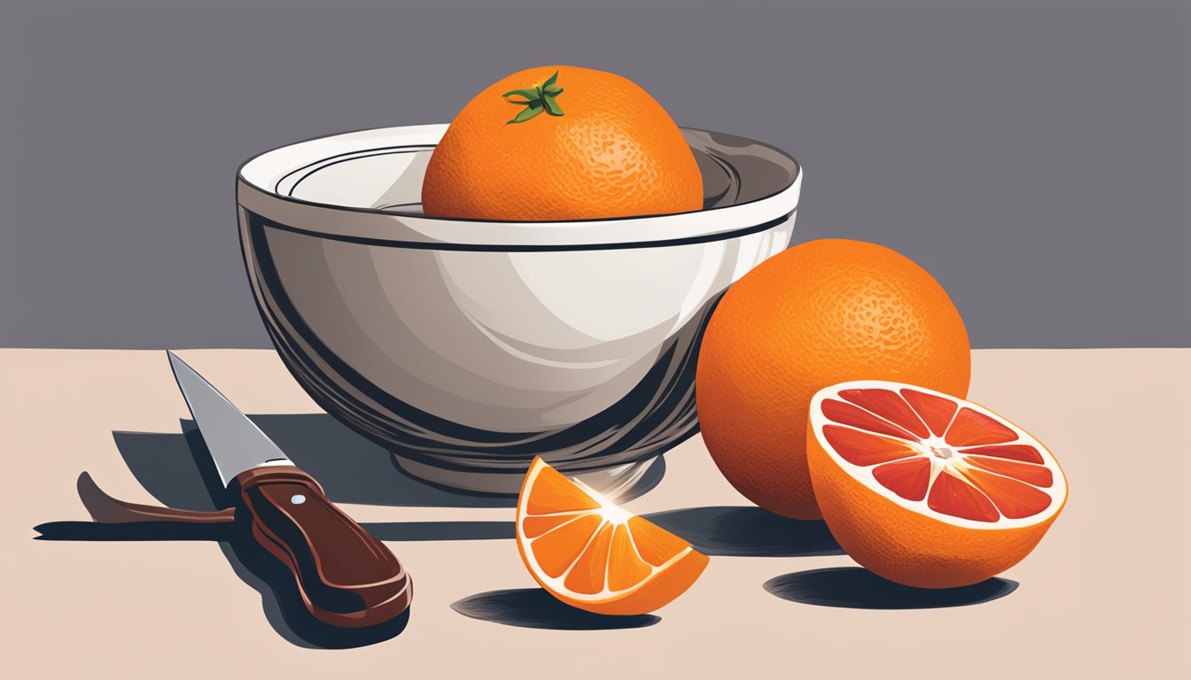 A bowl of regular oranges next to a knife, with a blood orange being sliced open to reveal its deep red flesh