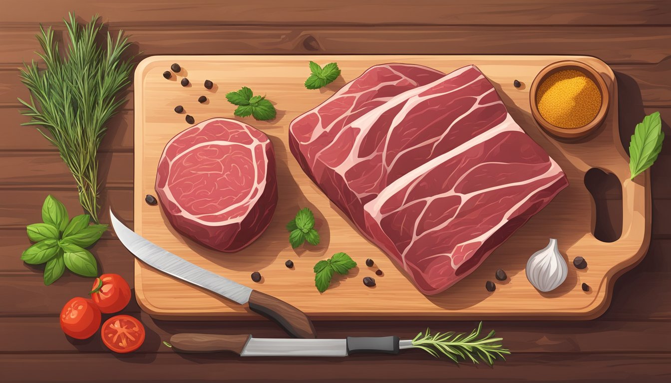 A cutting board with raw bison meat, various herbs, and spices arranged for cooking