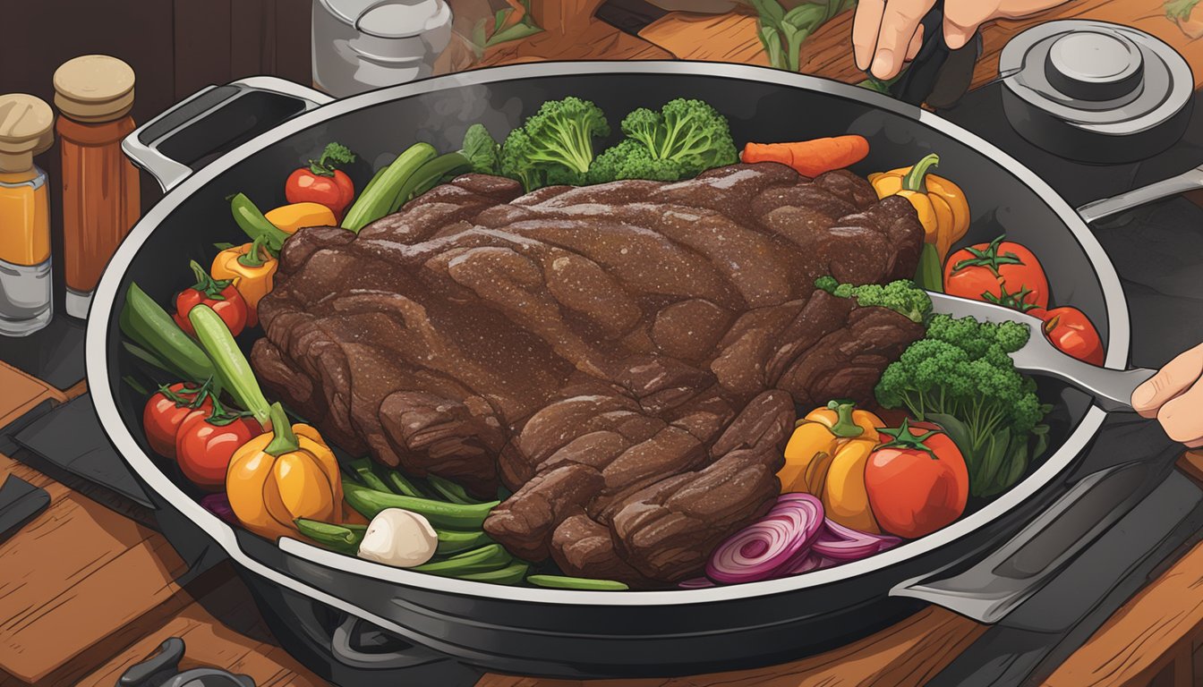 A chef swapping bison for beef in a sizzling skillet, surrounded by fresh vegetables and seasonings