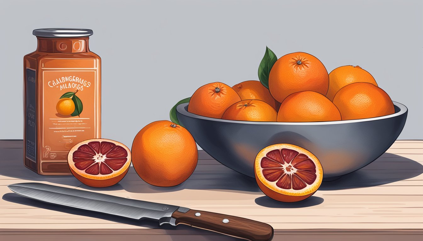 A bowl of blood oranges next to a bowl of regular oranges, with a knife and cutting board