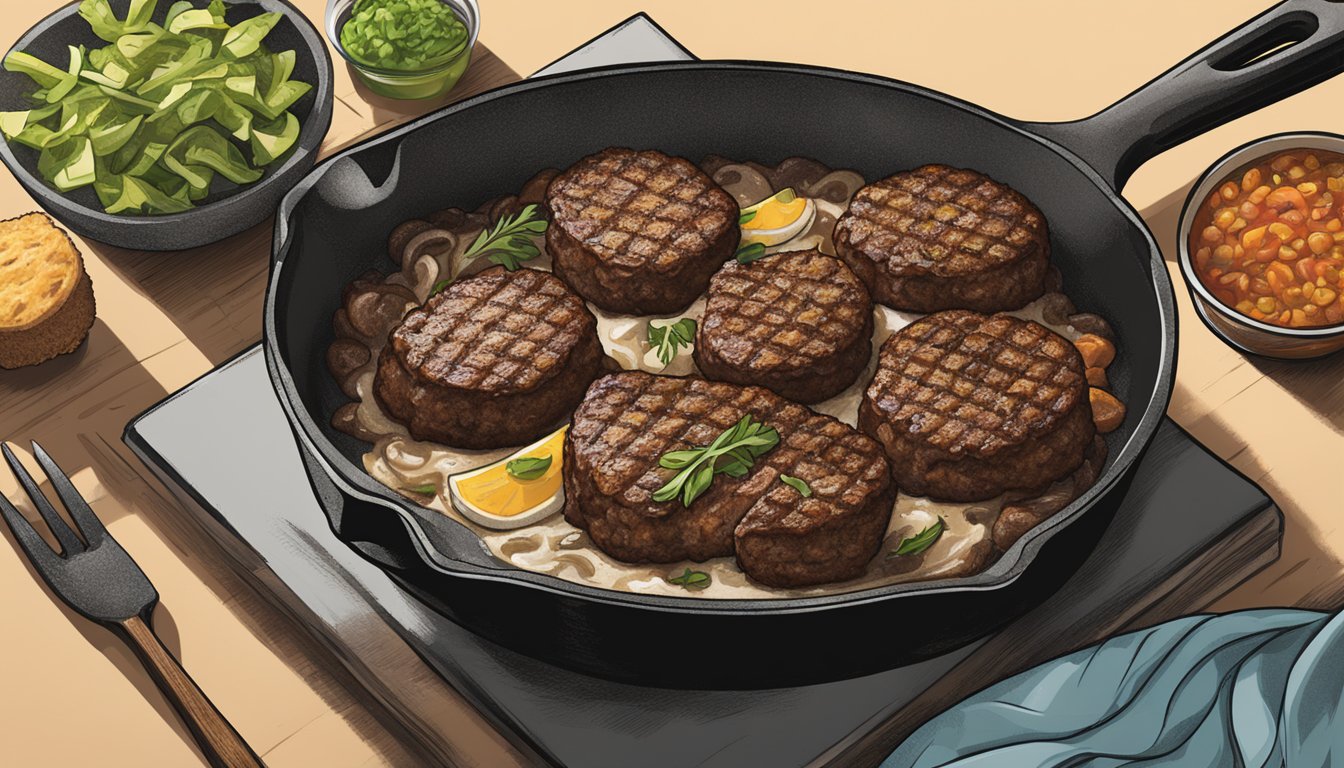 A sizzling skillet with Beyond Beef and Bison patties, showing a seamless substitution between the two meats