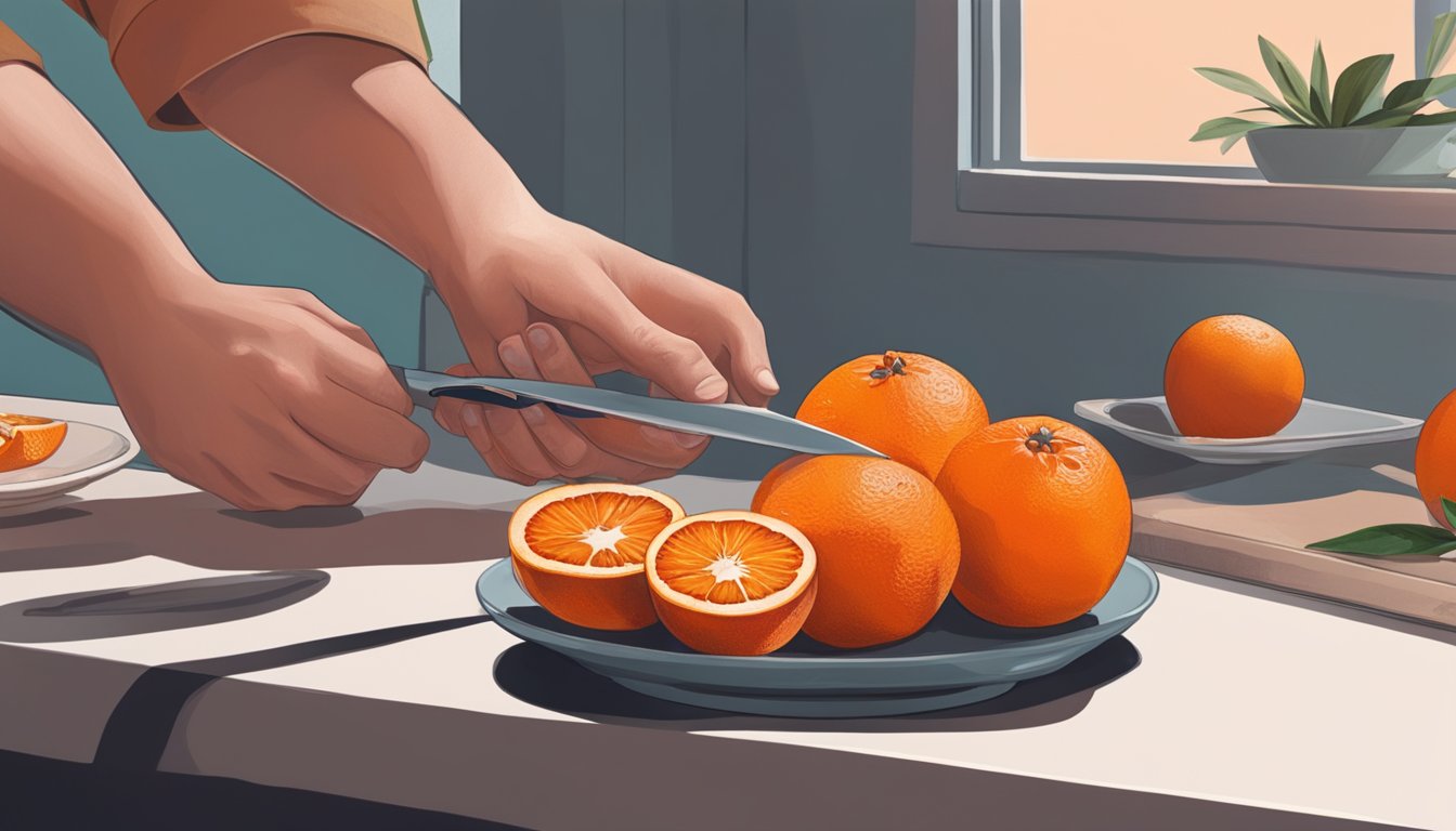 A hand reaching for a bowl of blood oranges next to a bowl of regular oranges, with a knife and cutting board nearby