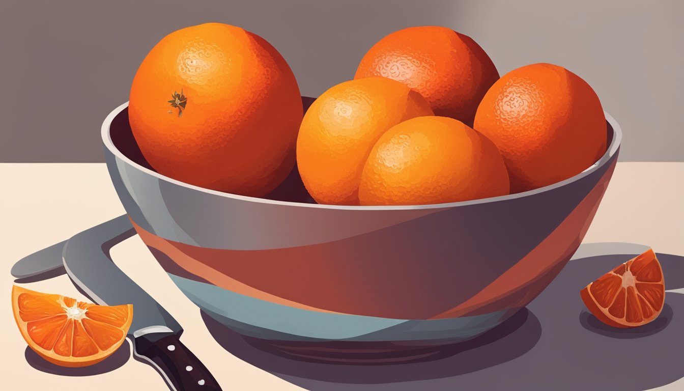 A bowl of blood oranges sits next to a bowl of regular oranges, with a knife and cutting board nearby. The vibrant red and orange colors contrast against a neutral background