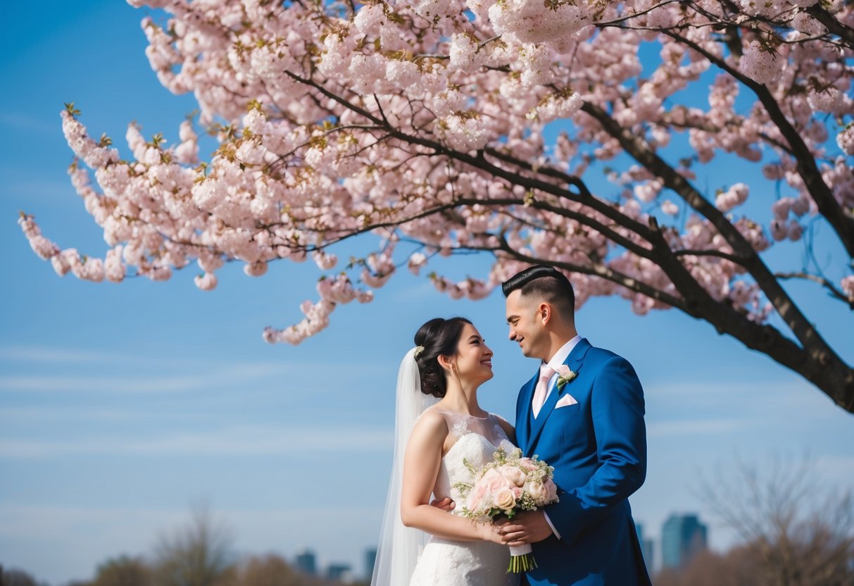 A bride and groom standing under a blooming cherry blossom tree with a clear blue sky in the background