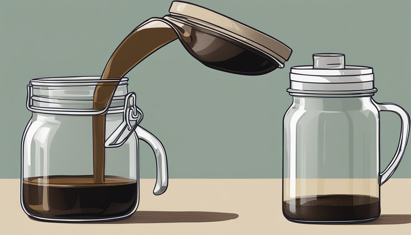 A jar of blackstrap molasses being poured into a measuring cup, alongside a jar of regular molasses