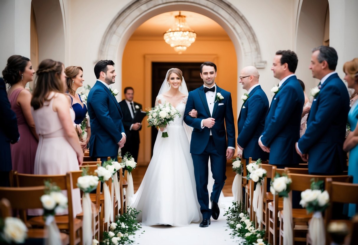 Soft classical music fills the air as the bride walks down the aisle, accompanied by the gentle melody of a string quartet
