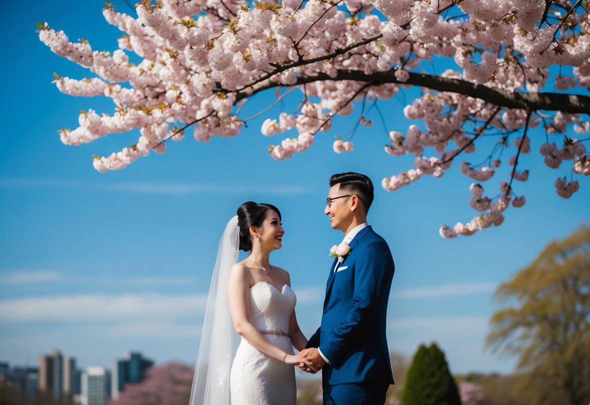 A bride and groom standing under a blooming cherry blossom tree with a clear blue sky in the background, symbolizing luck and new beginnings for their 2024 wedding