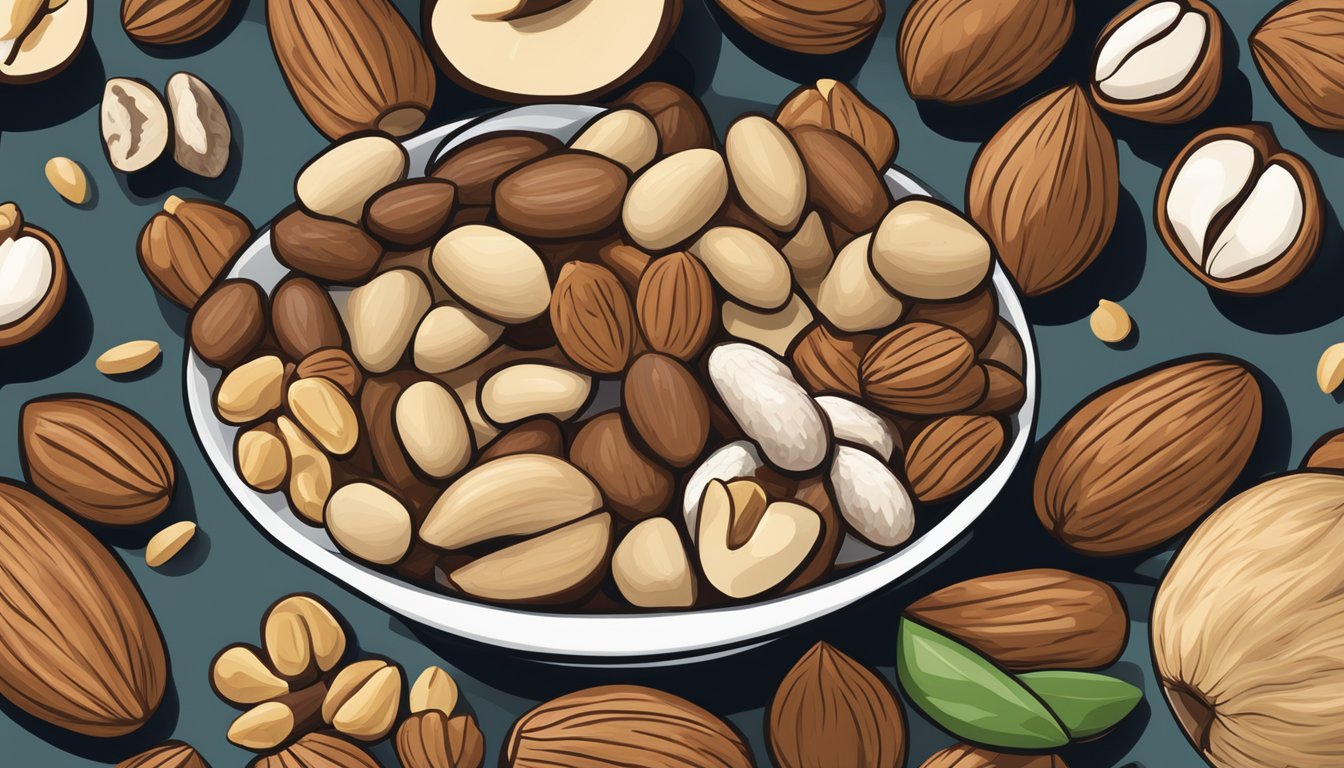 A bowl of mixed nuts with a focus on brazil nuts and macadamia nuts, showcasing their distinct shapes, sizes, and textures