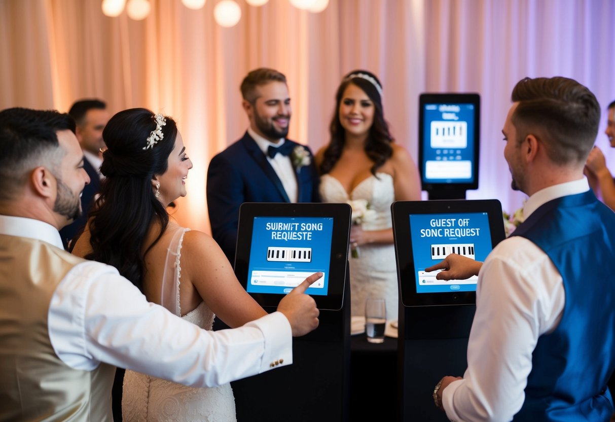 Guests submit song requests on interactive screens at a wedding reception. A couple selects and adds the songs to a playlist, creating a collaborative and fun musical experience