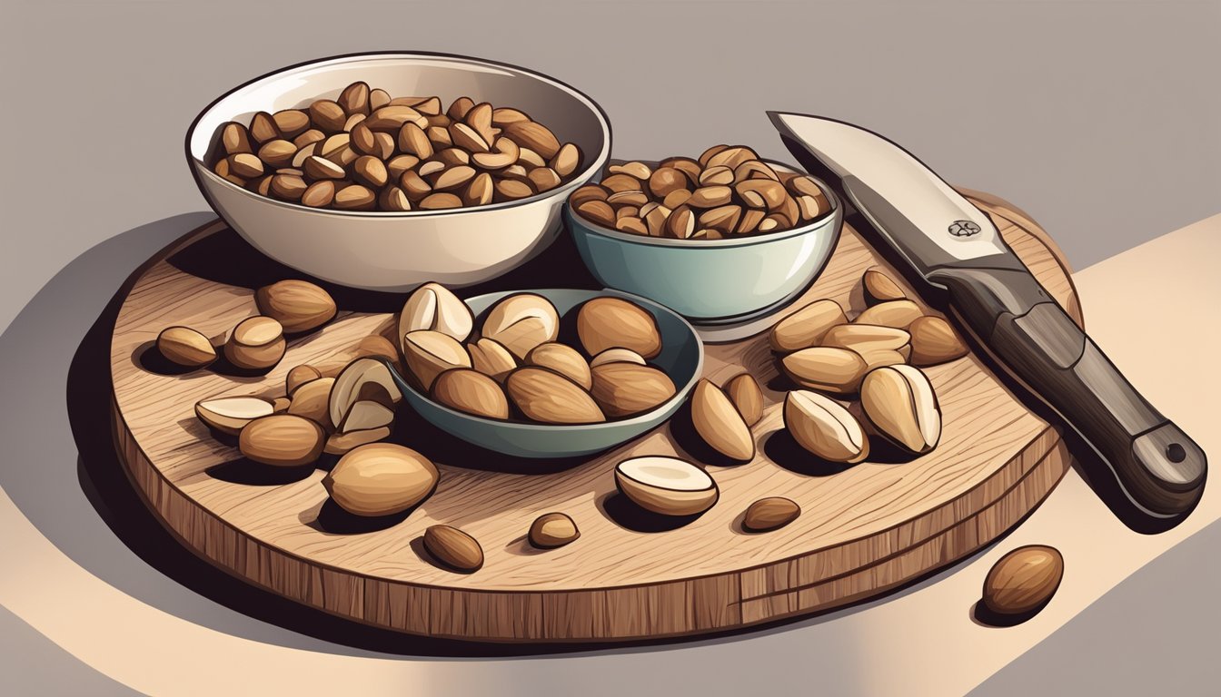 A wooden cutting board with a pile of brazil nuts and macadamia nuts, a knife, and a bowl of mixed nuts