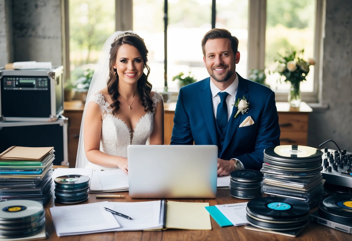 A bride and groom sit at a table surrounded by papers, notebooks, and a laptop. They are surrounded by stacks of CDs and vinyl records, with headphones and a mixing board nearby