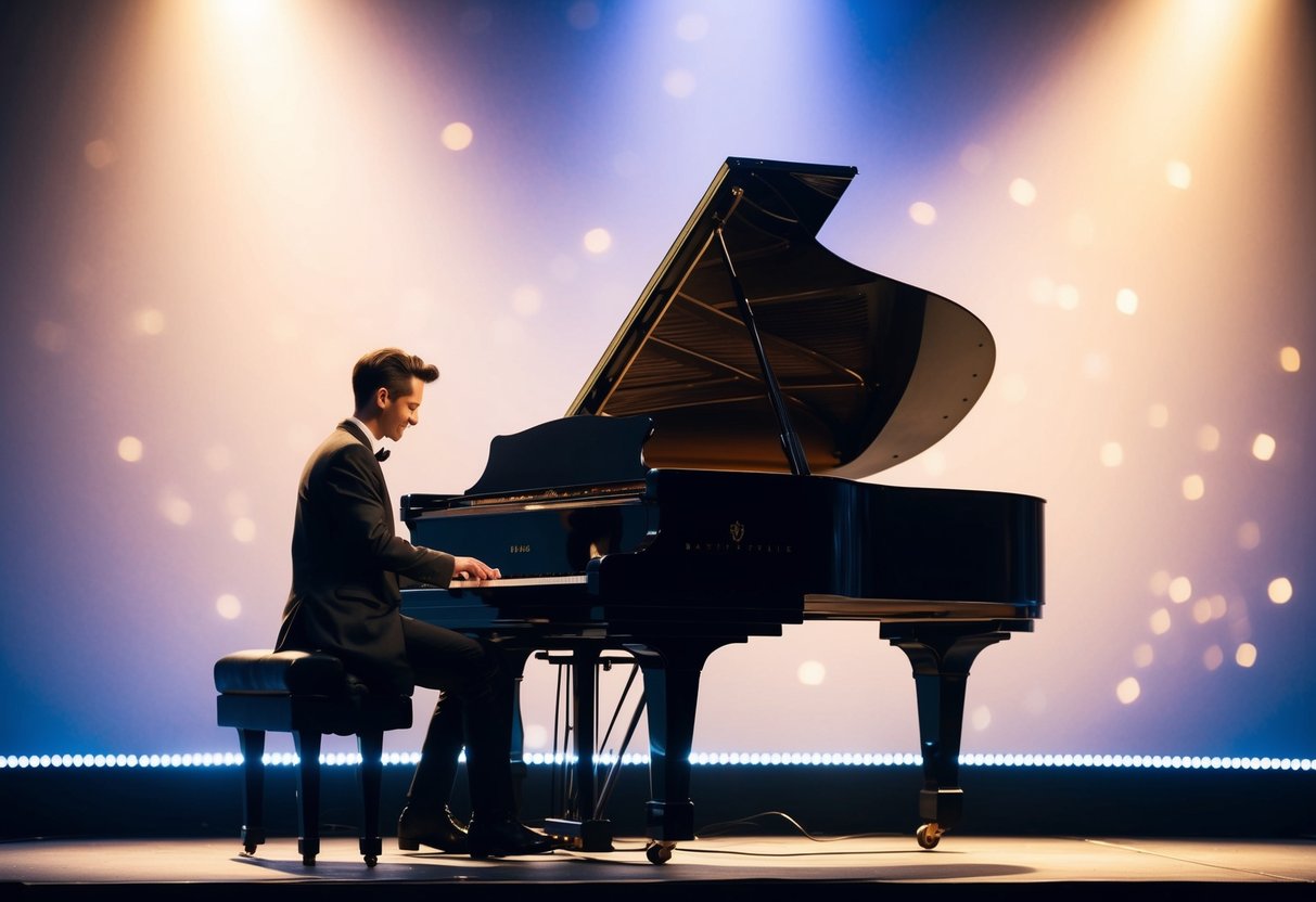 A grand piano sits center stage, bathed in soft light, as the musician's fingers gracefully dance across the keys, filling the air with the sweet melodies of love songs