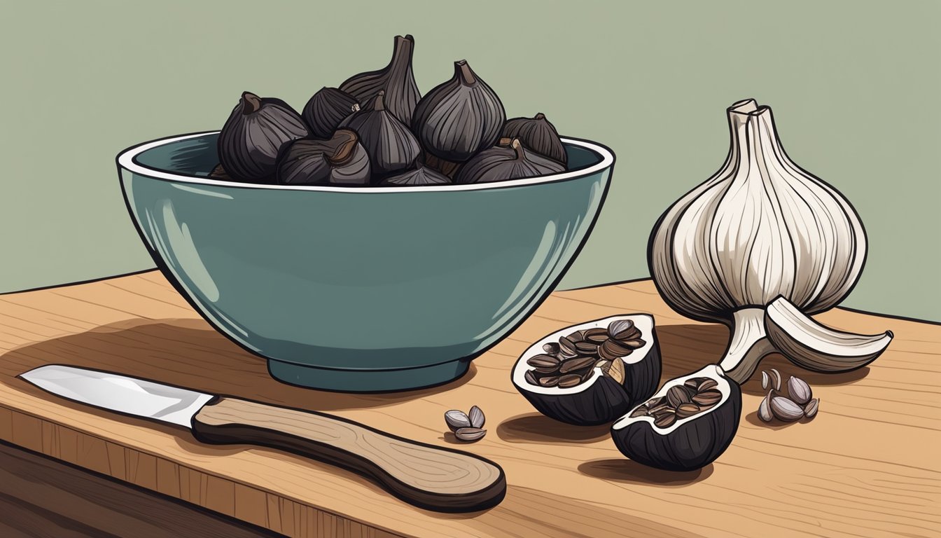 A kitchen counter with a bowl of black garlic next to a bowl of regular garlic, a cutting board, and a knife