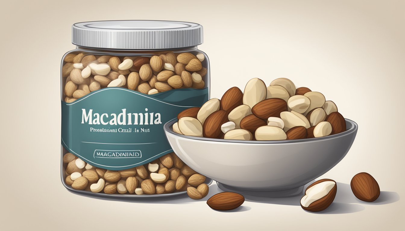 A bowl of mixed nuts with a focus on Brazil nuts, alongside a labeled jar of macadamia nuts