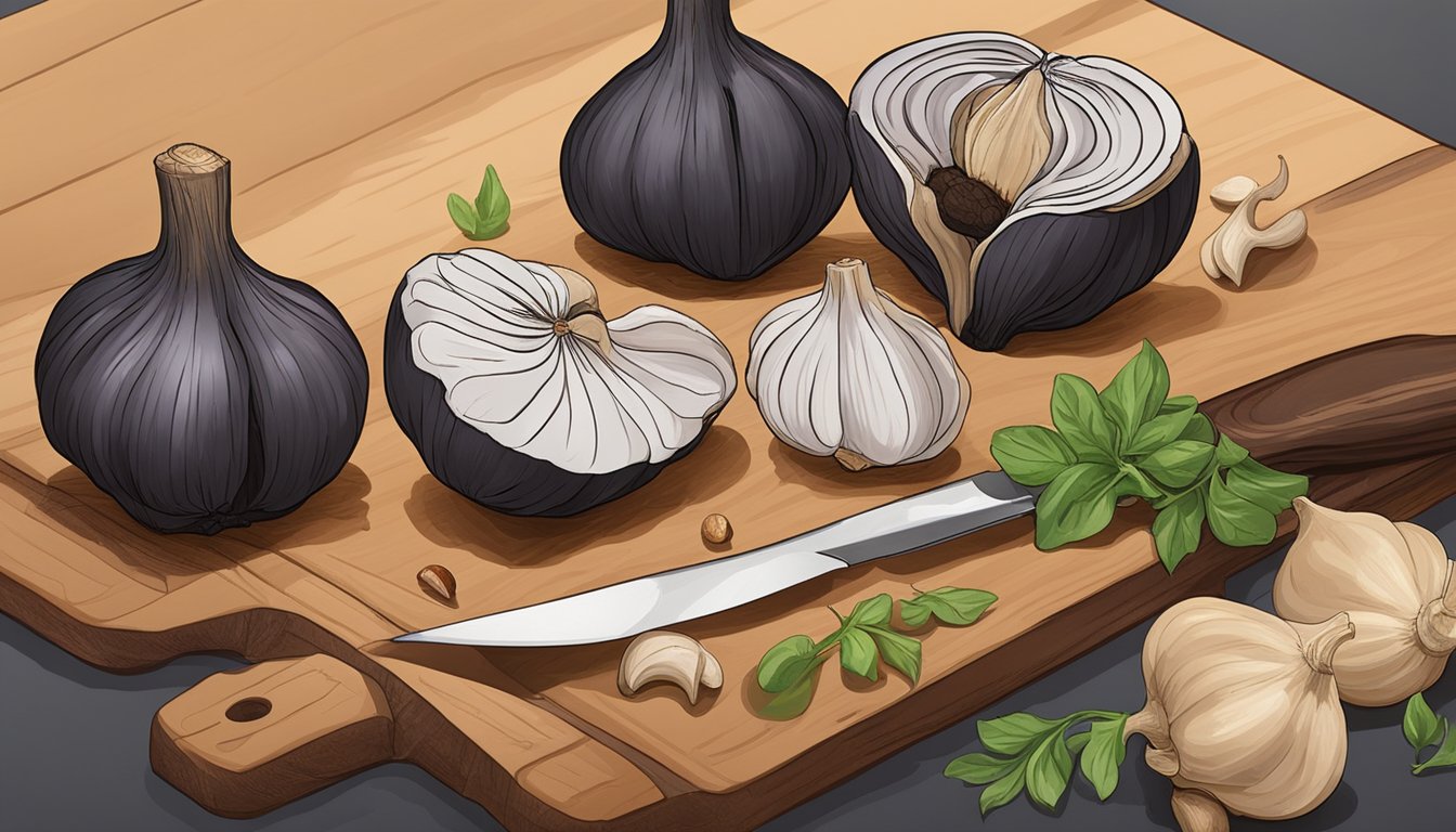 Black garlic bulb next to regular garlic bulb on a cutting board, with a chef's knife and various ingredients in the background