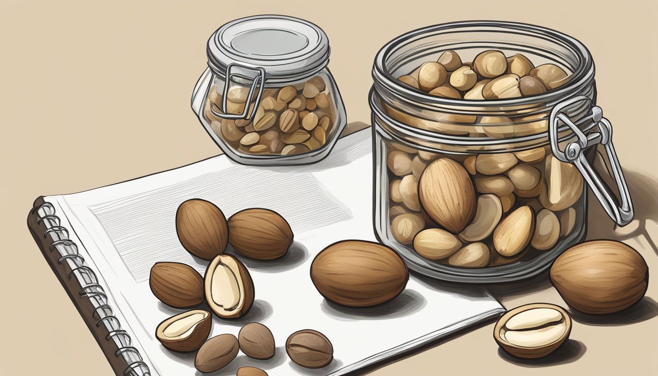 A kitchen counter with a bowl of macadamia nuts next to a jar of brazil nuts, with a recipe book open to a page on nut substitutions