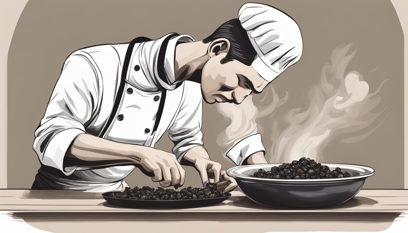 A chef adding black garlic to a dish, carefully balancing flavors