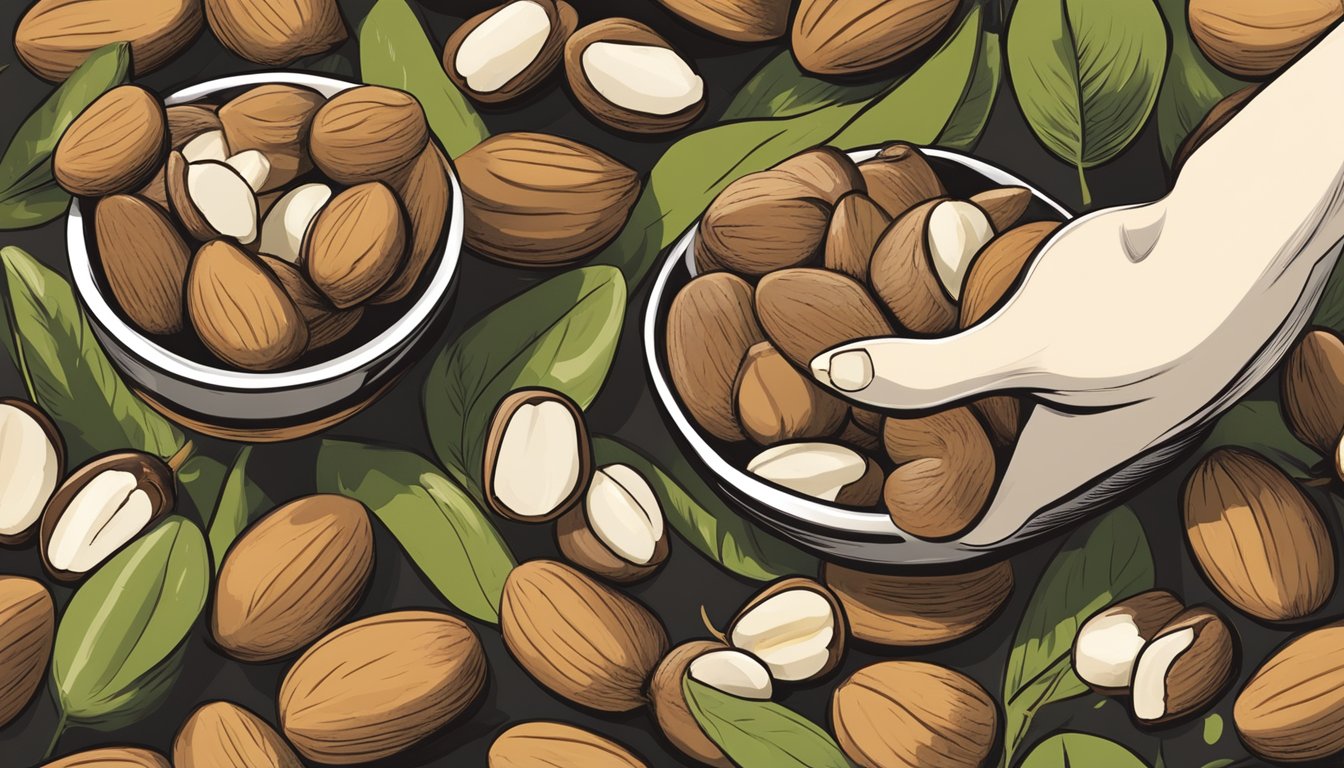 A bowl of brazil nuts next to a bowl of macadamia nuts, with a hand reaching for the brazil nuts