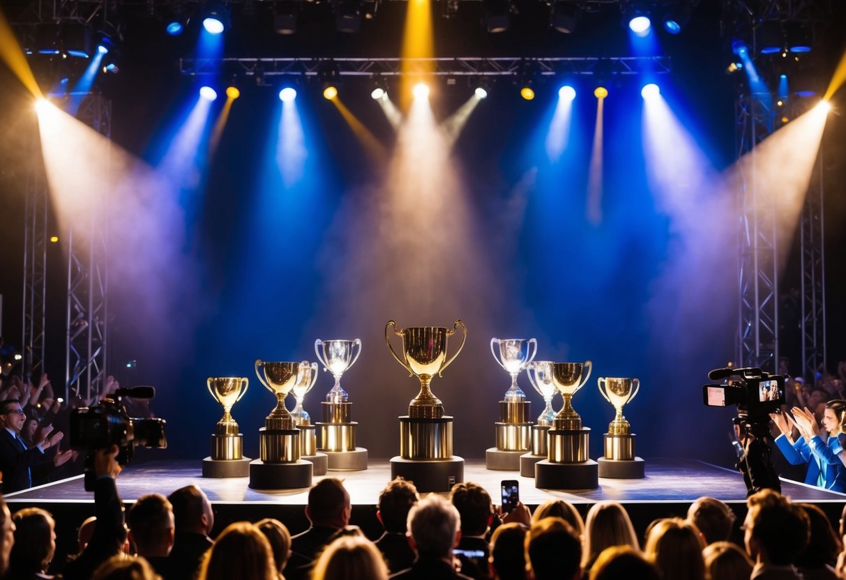 A stage adorned with shining trophies and colorful spotlights, surrounded by cheering crowds and flashing cameras