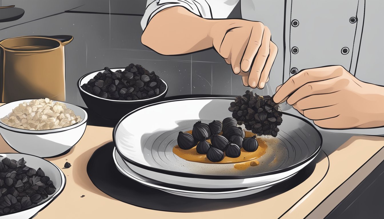 A chef adding black garlic to a dish, with regular garlic on the side