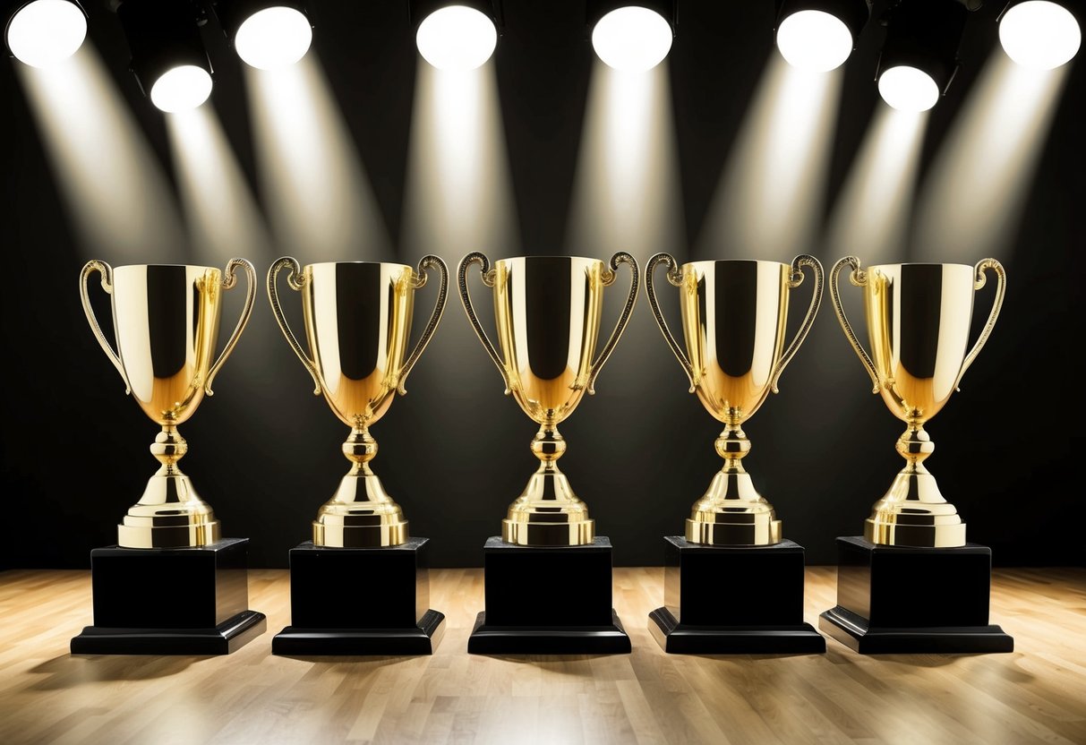 A stage with spotlights shining on five artist-themed trophies, each representing a different category