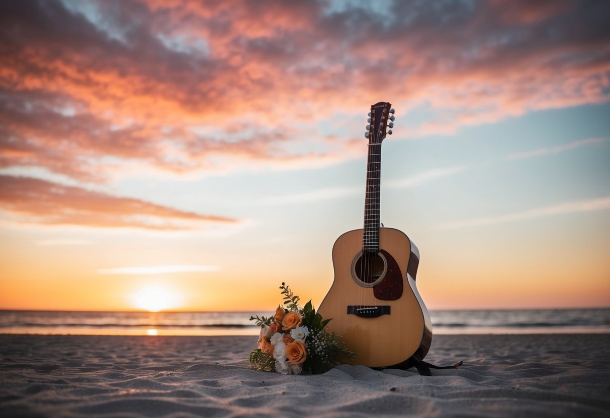 A romantic sunset beach with a lone guitar and a bouquet of flowers