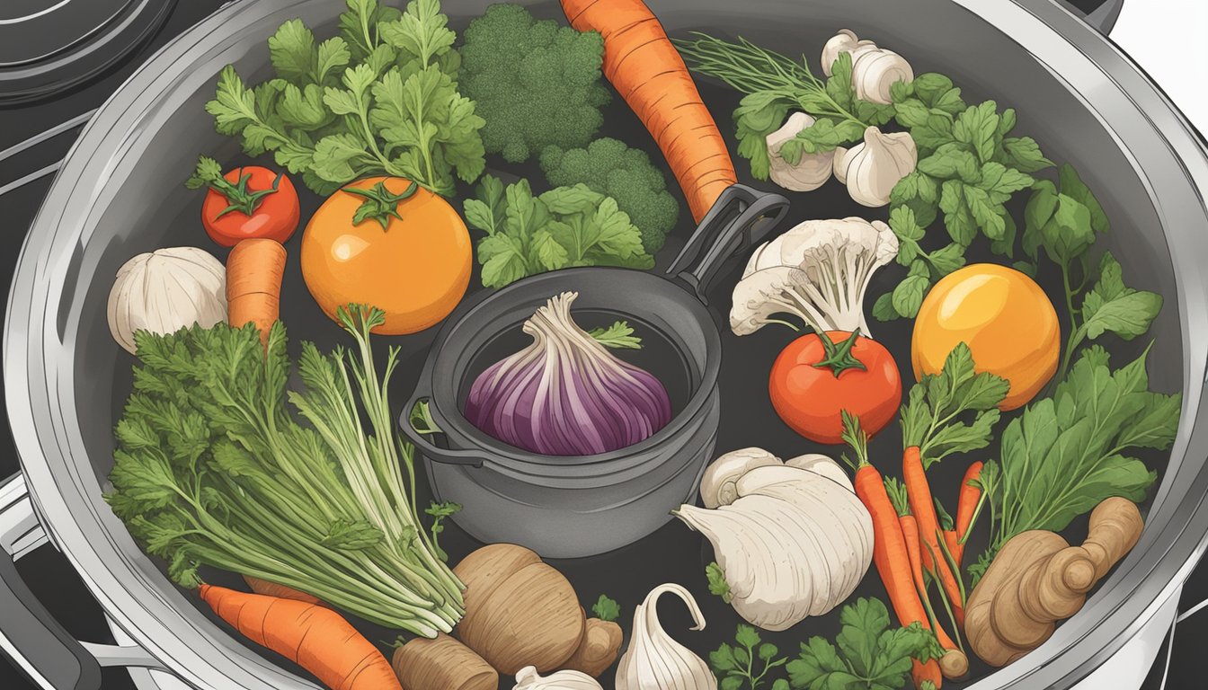 A pot of simmering bone broth on a stove, surrounded by fresh herbs and vegetables ready to be added