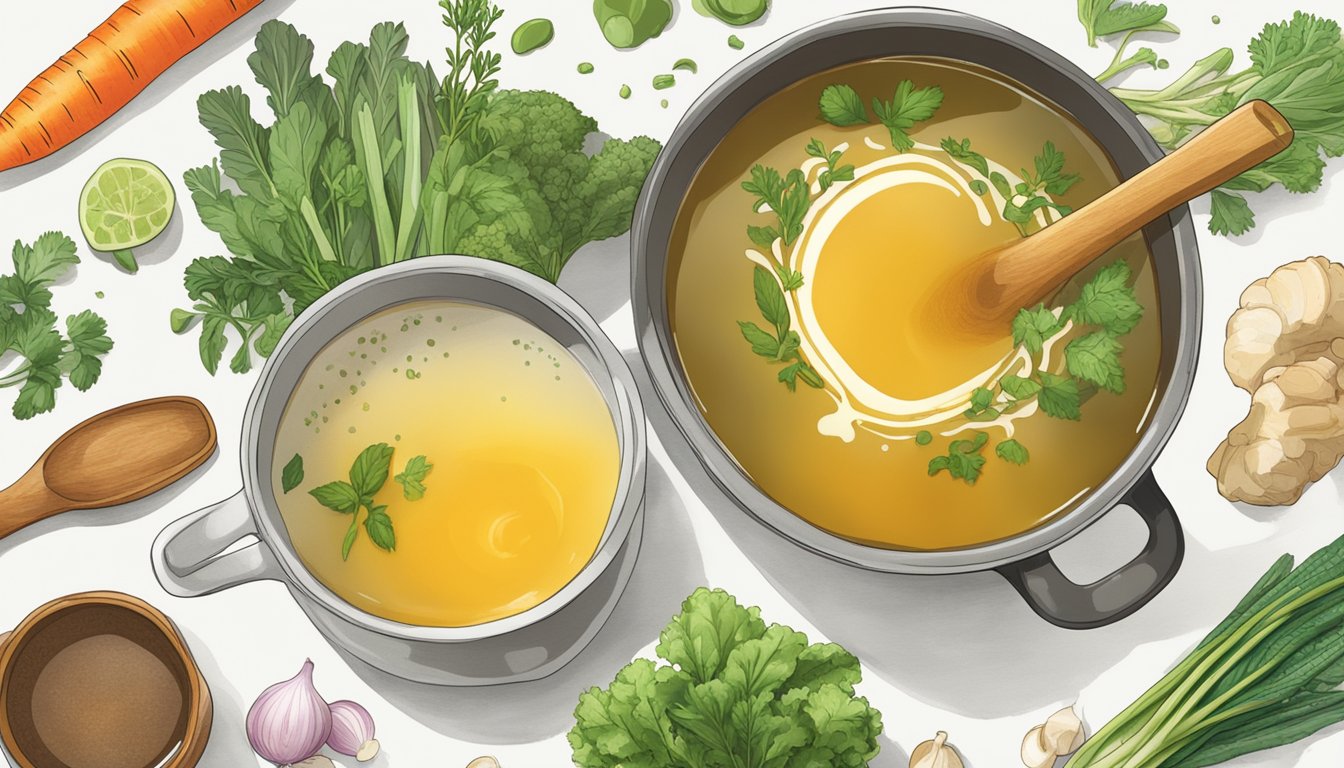 A pot of simmering bone broth being poured into a measuring cup, with various vegetables and herbs nearby for substitution