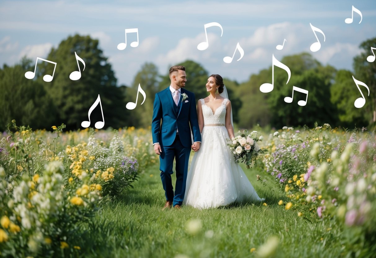 A bride and groom stand in a field surrounded by blooming flowers, as musical notes float through the air, blending seamlessly with the natural beauty