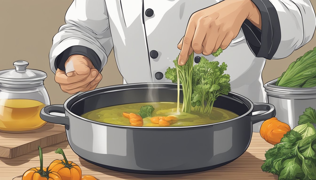 A chef pouring bone broth from a container into a pot of simmering vegetables and herbs