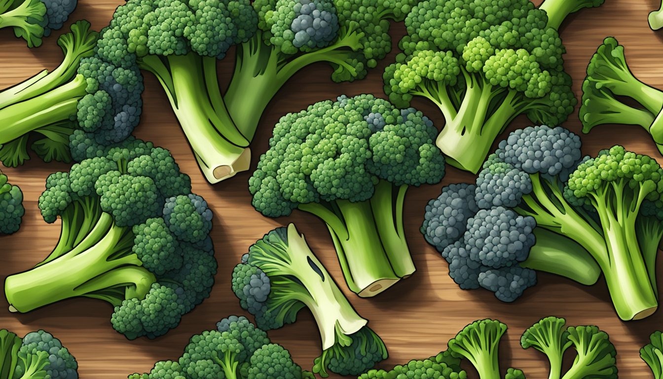 A colorful array of fresh broccolini and broccoli arranged on a wooden cutting board