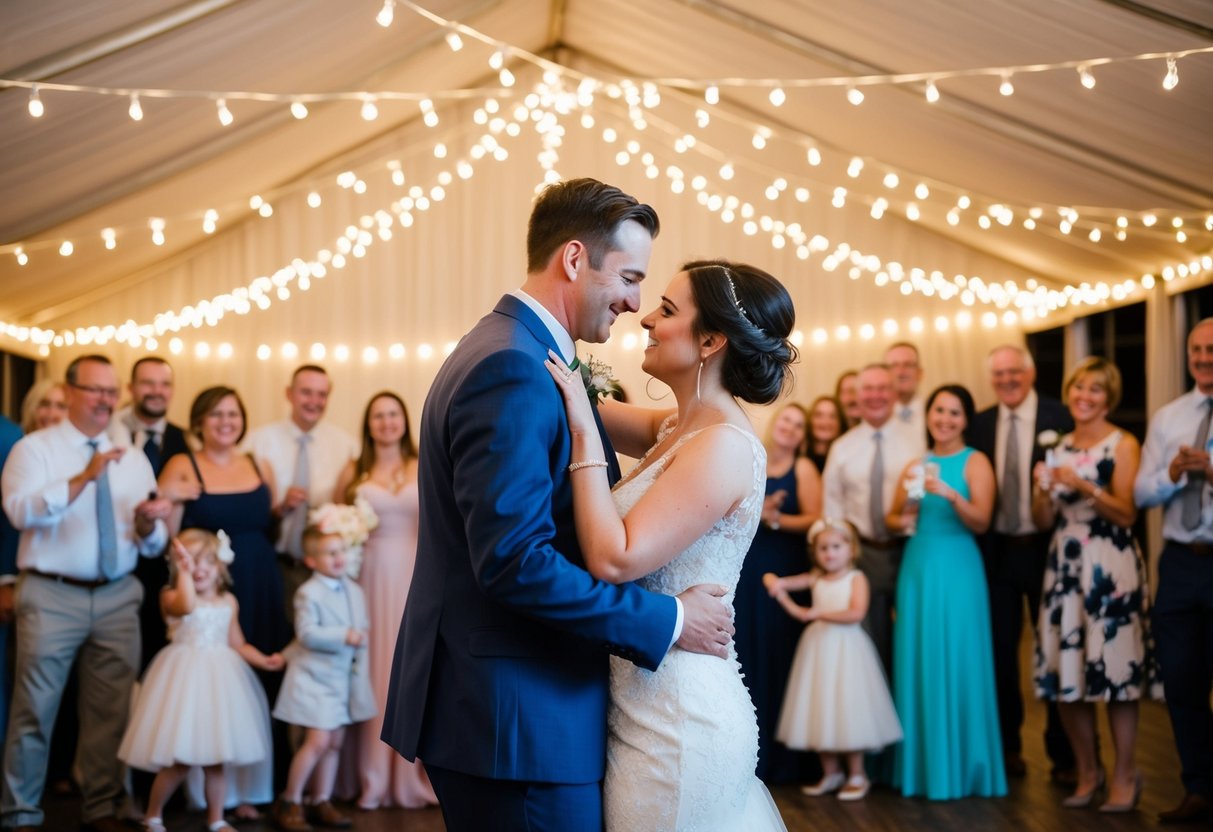 A couple dances under the soft glow of string lights, surrounded by friends and family, creating a special moment during their wedding