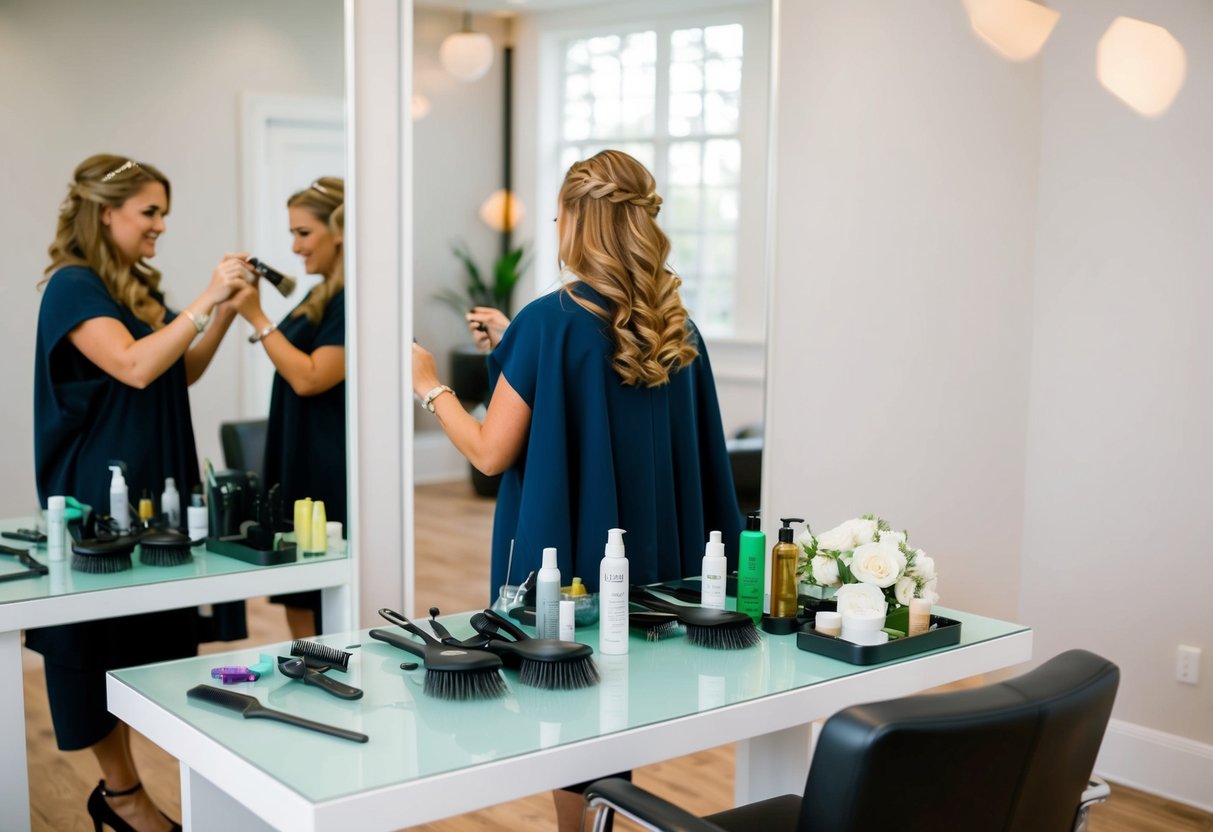 A hairstylist prepares for a wedding, arranging tools and products on a clean, organized table. A chair sits in front of a large mirror, ready for the bride